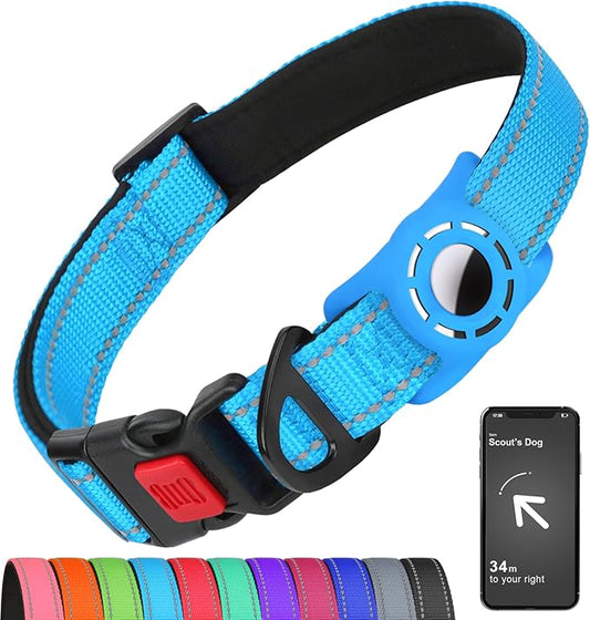 Airtag Dog Collar with AirTag Holder for Large Dogs, Reflective, Soft Padded & Safety Locking Buckle, Nylon Pet Collars Adjustable for All Breeds, SkyBlue,L
