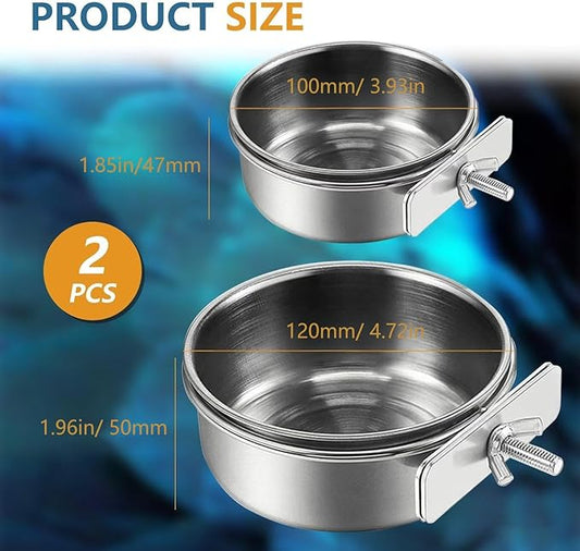 2Pcs Stainless Steel Bird Feeding Bowls, Small Bird Feeding Cup, Stainless Steel Parrot Food Bowl Cage with Holder, Parrot Cage Water Feeder, Pet Cage Cup Holder (Dia 3.93", 4.72",)