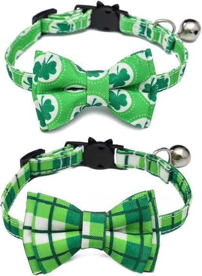 2-Pack Breakaway Cat Collars with Removable Double-Layer Bow Tie and Bell for Boy and Girl Cats,Safety Kitten Collars Suitable for Festivals and Daily. (St. Patrick's Day1)