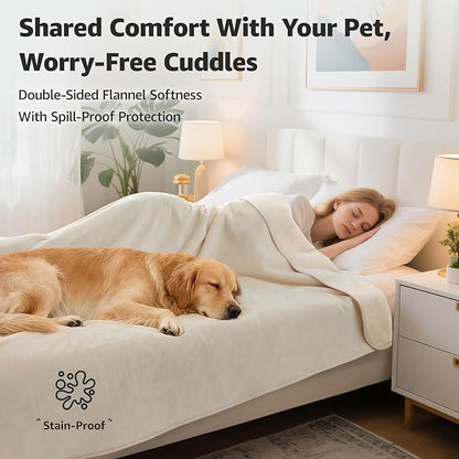 LOOBANI Waterproof Blanket for Bed: Reversible Soft Flannel King Size Bed Blanket 85" x 108", Waterproof Dog Blankets for Large Dogs, Spill-Proof Cover for Furniture Protection, Movie Time, Beige
