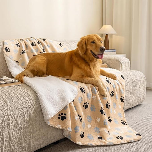 Dog Blankets Waterproof Pet Blanket Paw Printing Super Soft Warm Fluffy Facecloth Sofa Car Bed Protector, Urine Proof Washable for Puppy Large Dogs & Cats 50"*60" Beige