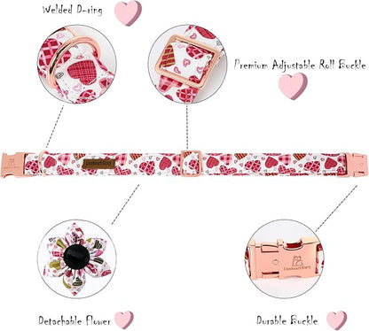 Lionheart Glory Heart Dog Collar, Valentine's Day Dogs Collar with Flower, Cute Floral Pattern Pet Collars Adjustable Dog Collars for Large Dogs