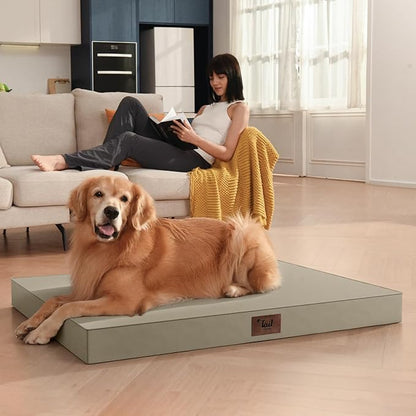 Outdoor Extra Large Dog Bed, Jumbo Waterproof Dog Bed for Large Dogs, Orthopedic Egg Crate Foam Pet Mat with Removable Oxford Cooling Cover, Khaki