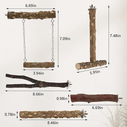 Hypeety Natural Wood Bird Perch for Parakeets 5PCS Perches for Cage Parrot Hanging Swing Bird Fork Perches Easy Install Chew Toys for Small Birds Cockatiels Conures Budgies Lovebirds Parakeets