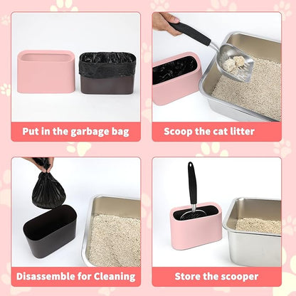 Heavy-Duty Cat Litter Scoop with Holder, Metal Cat Scooper and Detachable Trash Can,Aluminum Kitty Poop Shovel Captures All Clumps,Speed Sifter Litter Box Scooper and Caddy with Lid(Pink)