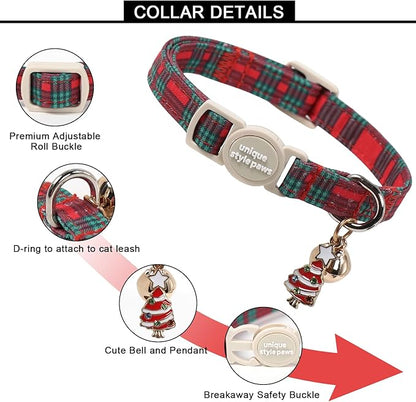 Unique style paws 2 Pack Christmas Kitten Collar Breakaway with Bell&Pendant, Adjustable Safety Red Green Scottish Plaid Cat Cotton Collar for Girl Boy Cat and Small Pet