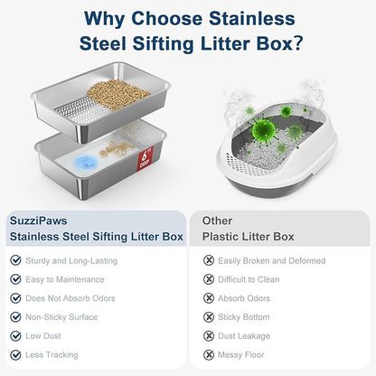 23.6”x15.7”x6” SuzziPaws Stainless Steel Cat Litter Box with Odor Control System, XL Open Top Sifting Litter Box for Big Cats, Includes Pee Pads & Liners, Easy-Clean Metal Litter pan for Pine Pellets