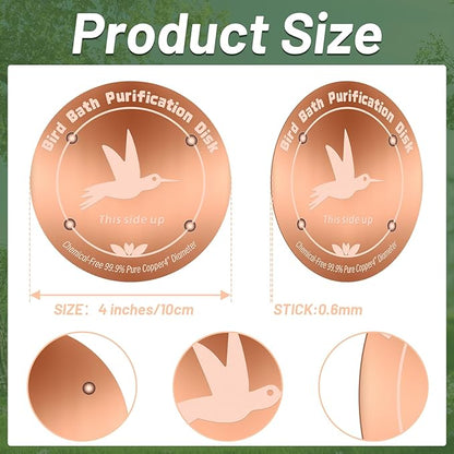 99.99% Pure Copper Bird Bath Purification Disk,Set of 2,0.6mm thick,Reinforced Copper Purification Cleaner with Four-Point Support,All-Season Safe Clean Water,Universal Fit for Outdoor Birdbath&Bowl