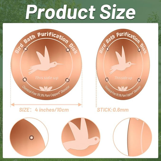 4 Inches Pure Copper Bird Bath Purification Disk,0.6mm thick,Reinforced Copper Purification Cleaner with Four-Point Support,All-Season Safe Clean Water Solution,Universal Fit for Outdoor Birdbath&Bowl