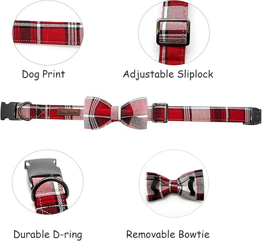 Dog Collar, Christmas Dog Collar Plaid Pet Collar Bow Holiday Bows Girl Boy Puppy Collar Adjustable Pet Collar for Small Dogs