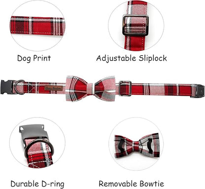 Dog Collar, Christmas Dog Collar Plaid Pet Collar Bow Holiday Bows Girl Boy Puppy Collar Adjustable Pet Collar for X-Small Dogs