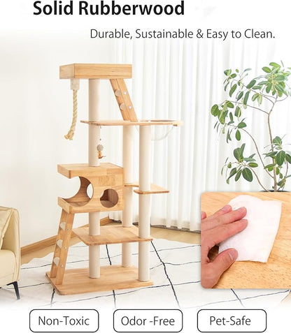 Wood Cat Tree for Large Cats, 62-Inch Tall Modern Cat Tower with Condo & Scratching Posts - Easy to Clean, Heavy-Duty, Furniture-Grade Design for Stable Climbing, Eco-Friendly (White 62'')