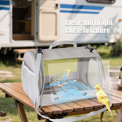 Small Bird Travel Carrier Cage for Long Tail BirdCockatiel Parakeet Parrot, Includes Metal Tray Soft Mat and Wooden Standing Perch, Hands Free Lightweight Clear 2 Windows