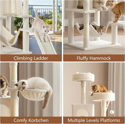 DUMOS Tall Cat Tree 75 Inch, Large Multi-Level Cat Tree Tower with Condo, Perches, Sisal Scratching Posts Board and Hammock, Pet Play House with Dangling Balls for Indoor Cats, Beige