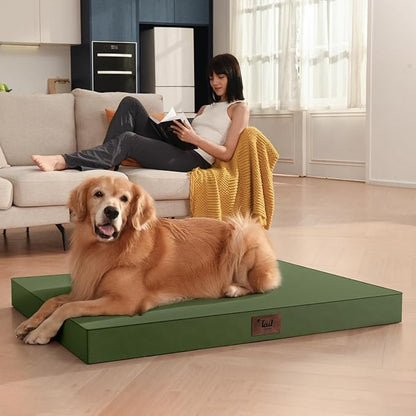 Outdoor Large Washable Dog Bed, Orthopedic Egg Crate Foam Dog Crate Mat for Large Dogs with Removable Oxford Cooling Cover, Amy Green
