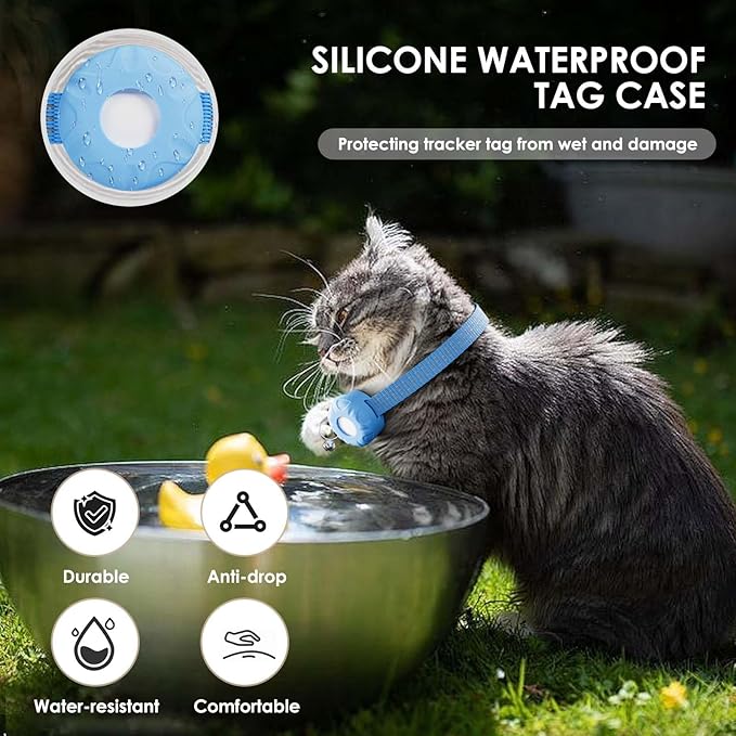 Cat Tracker, Lightweight GPS Tracker Compatible with Apple Find My App(Only iOS), Waterproof Cat Trackers Collar with Bell and Safety Elastic Buckle, No Monthly Fee Pet Tracker, Blue