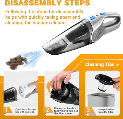 DEKOPRO Cordless Handheld Portable Vacuum Cleaner, Small Rechargeable with 8000PA Powerful Suction, Car Vacuum with Multi Accessories to Clean Home, Pet Hair and Car, White