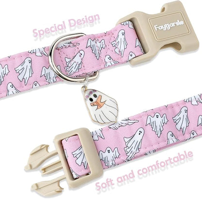 Faygarsle Pink Ghost Pattern Dog Collar with Charm, Halloween Pet Necklace, Adjustable Collar for Small Medium Large Dogs M