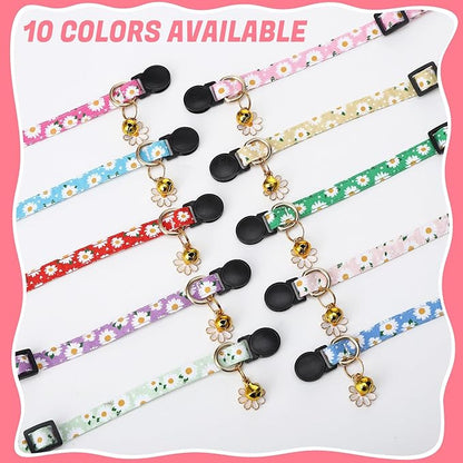 10 Pack Breakaway Cat Collars with Bells Flower Pendants Adjustable Floral Cat Collars Safety Kitten Collar with Bell for Girl Boy Cats