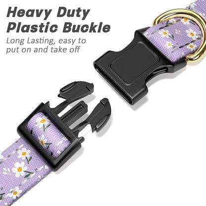 Reflective Dog Collar for Large Dogs, Cute Flower Theme Adjustable Heavy-Duty Nylon Puppy Collar for Boy and Girl Female, Soft Pet Accessories with Quick Release Buckle, Purple White