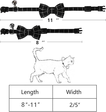 SLSON 2 Pack Breakaway Cat Collar with Bell and Bow Tie Plaid Kitten Collar for Cats and Small Dogs Pets Adjustable from 8-11In, Black and Grey