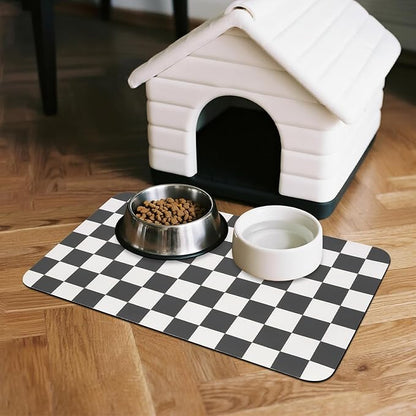 Checkered Dog Food Mat, Absorbent Leak-Proof Pet Feeding Mat, Quick Dry Cat Food Mat for Messy Drinkers 16" x 24" Black