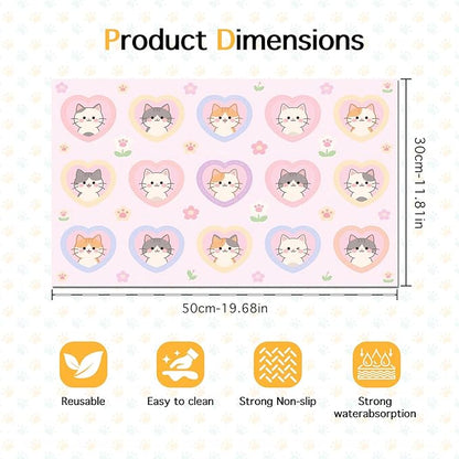 Cat Feedings Mats 20x12 inch Pink Heart Kitten Print Pet Bowl Placemat Non Slip Mat for Cats Food and Water Indoor Kitty Feeding Station Cute Cats Meal Mat for Small Pets Kitchen Floor Use
