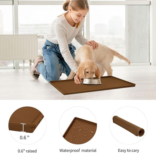 Dog Food Mat,Silicone Waterproof Food Tray,Non Slip Pet Bowl Mats Placemat,0.6" Raised Edge,Suitable for Most Small and Medium Sized Pets,24" x 16"