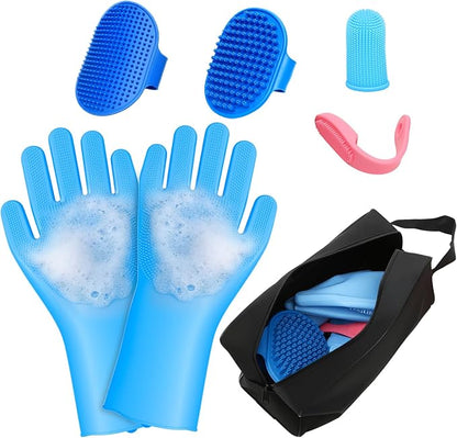 7 Pcs Bathing Kit with Storage Bag for Dogs & Cats Includes Pet Grooming Gloves, Dog Bath Brush & Finger Toothbrush All-in-One Pet Care (Ocean Blue)
