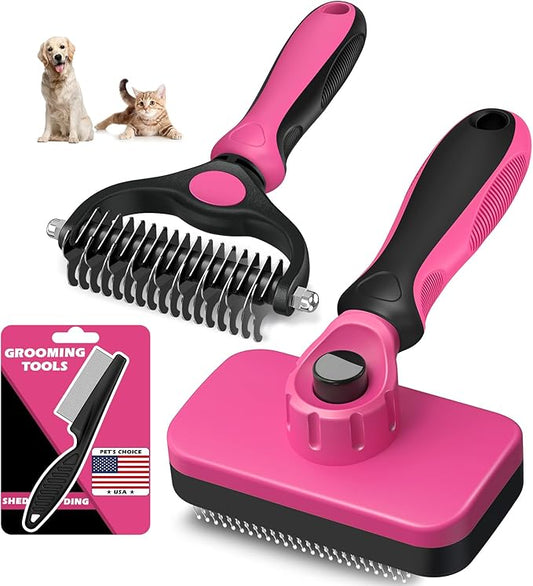 3PCS Self Cleaning Slicker Brush & Pet Grooming Rake & Flea Comb for Dogs,Cats and Horses | Double-Sided Dematting Comb & Skin Friendly Deshedding Grooming Tool (Red Black)