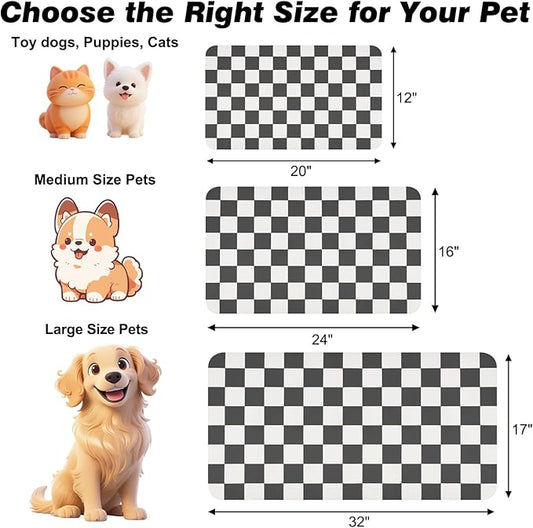 Checkered Dog Food Mat, Absorbent Leak-Proof Pet Feeding Mat, Quick Dry Cat Food Mat for Messy Drinkers 12" x 20" Black