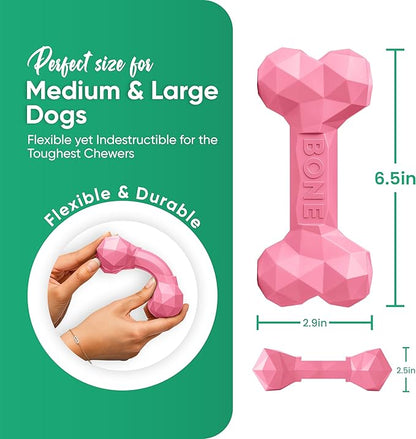 Natural Rubber Dog Chew Bone – Treat-Dispensing, Tough & Indestructible Chew Toy – Safe for Aggressive Chewers – Dental Health & Boredom Relief (Pink)