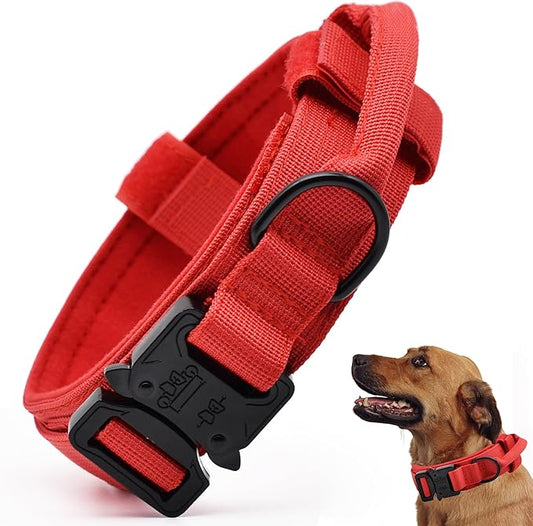 Tactical Dog Collar, Adjustable Military Training Nylon Dog Collar with Control Handle and Heavy Quick-Release Metal Buckle for Small Medium Large Dogs, Red M
