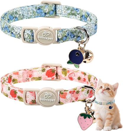 2 Pack Spring Summer Cat Collars - Cute Breakaway Cat Collar with Bell, Bluberry and Strawberry Pendant, Adjustable Kitten Collars for Girl Cats, Pastel Floral Fruit
