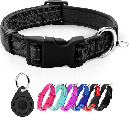 azuza Reflective Dog Collar with Airtag Holder, Soft Neoprene Padded Pet Collar with ID Tag Ring, Adjustable for Medium Dogs,Black,M