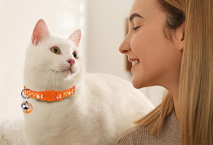 4PCS Cat Collar with Bells,Breakaway Cat Collars,Kitten Collar with Bell Moons Stars Cute Kitty Safe Kitten Collars with Pendant,Cat Collars for Boy Cats 6.9-10.7 Inch(Black&Grey&Deep Green&Orange)