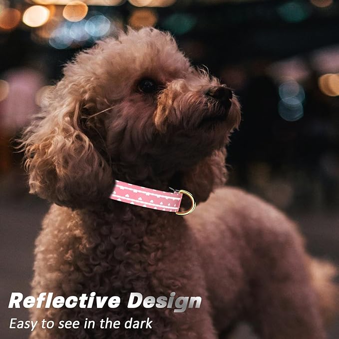 Reflective Dog Collar for Large Dogs, Cute Adjustable Heavy-Duty Nylon Puppy Collars for Boy and Girl Female, Soft Pet Accessories with Quick Release Buckle, Neck 16-24", Pink Hearts