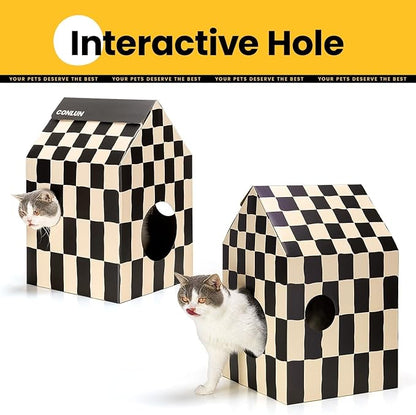 Cardboard Cat House with Scratch Pad & Catnip, Cat Play Scratching House for Indoor Hideaway Furniture, Heavy Duty Sturdy Cardboard Scratcher, Easy to Assemble Birthday Gift, Medium