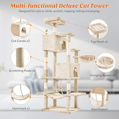 Large Cat Tree 66 Inch, Multi-Level Tall Cat Tree Tower with Condo, Perches, Sisal Scratching Posts and Hammock, Pet Play House with Dangling Balls for Indoor Cats, Beige