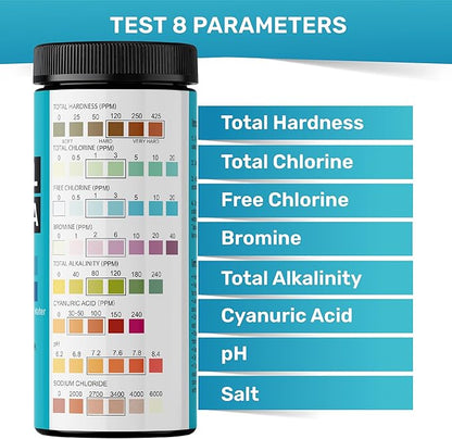 Pool Test Strips 8-in-1, 150 Quick and Accurate Pool and Hot Tub Test Strips - Pool Water Testing Kit for Chlorine, Bromine, pH, Hardness, More - All in 1 Swimming Pool Test Strips by JNW