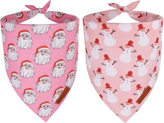 ADOGGYGO Pink Christmas Dog Bandanas 2 Pack, Reversible Santa Snowman Xmas Scarf Bib, Adjustable Fit Pink Christmas Bandana for Extra Large Dogs Girl (X-Large)