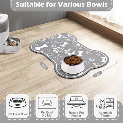 Dog Cat Food Mat,Rapid Absorbent Pet Feeding Mat, Bone Shaped Dog Placemat Water Bowl Mat with Rubber Backing,No Stains Dog Cat Food Mats Indoor, Pet Accessories Supplies 12"x18" Grey