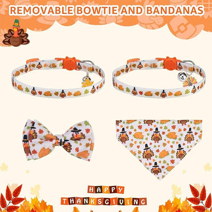 SCENEREAL Fall Thanksgiving Cat Bandana Collar with Bell Bowtie - 2 Pack Breakaway Kitten Collars, Adjustable Cute Pet Accessories for Cats and Small Dogs