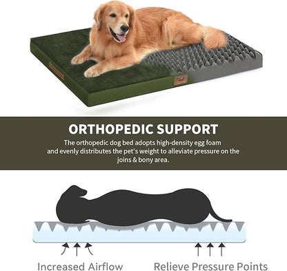 Large Comfy Washable Dog Bed, Orthopedic Egg Crate Foam Dog Crate Mat for Large Dogs with Removable Cover, 41x27 Inch, Olive Green