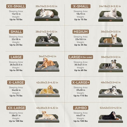 Large Dog Bed Orthopedic Washable - Removable Waterproof Cover Bed Pet - Large Big Dogs - Memory Foam - Couch Sofa with Removable Bolster - Dark Green Dog Bed
