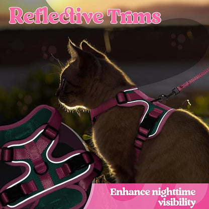 rabbitgoo Cat Harness and Leash Set, Escape Proof Soft Adjustable Vest Harnesses for Outdoor Walking, Easy Control Breathable Kitten Jacket with Reflective Strips, Green & Pink, M