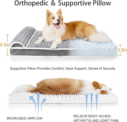 Orthopedic Jumbo Dog Bed Large Sized Dog with Pillow 56''X40'' Waterproof Soft Comfortable Egg Crate Foam Pet Crate Beds Mat with Removable Washable Cover and Non-Slip Bottom, Gray