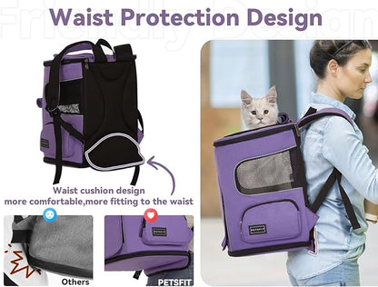 PETSFIT Dog Backpack Carrier with Upgraded Waist Protection, Pet Carrier Backpack Designed for Small Dogs/Cats, Fully Ventilated Collapsible Cat Backpack for Outdoor Traveling Hiking Camping Purple