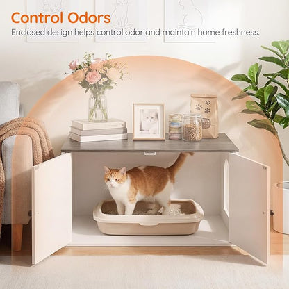 HOOBRO Cat Litter Box Enclosure, Hidden Litter Box Furniture with Side Entry, Litter Box Cabinet, Indoor Cat House, End Side Table, 31.5" L x 17.7" W x 16.3" H, White and Charcoal Gray BW40MW01