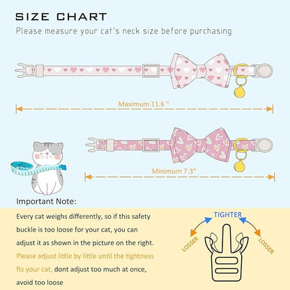 Faygarsle 2 Pack Breakaway Cat Collar with Bow and Bell, Heart Pattern, Pink, Adjustable Safety Buckle, Valentine's Day Theme
